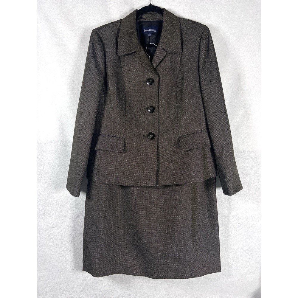 Evan Picone 2PC Skirt Suit Women's 16 Brown Blazer Buttons Wool Blend Textured
